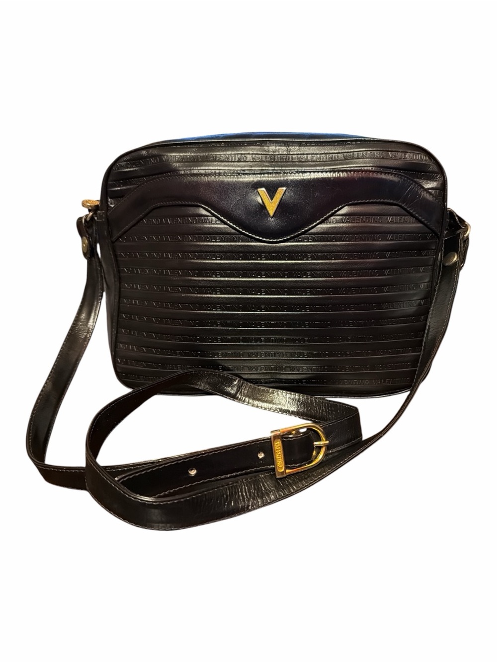Vintage Mario Valentino Black Embossed Leather Crossbody Camera Bag